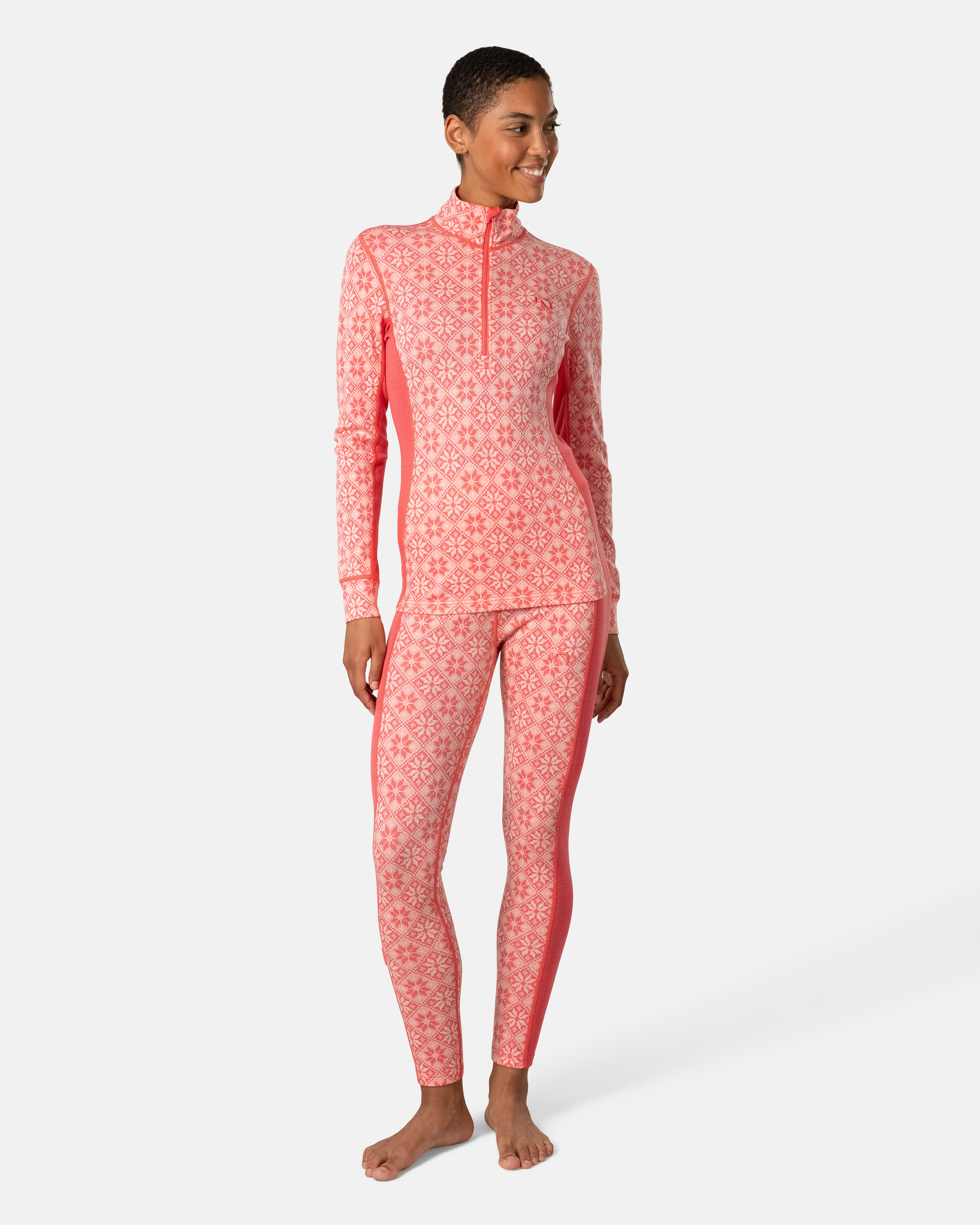 Rose Half Zip Base Layer Top - 100% Merino Wool - Candy Coral